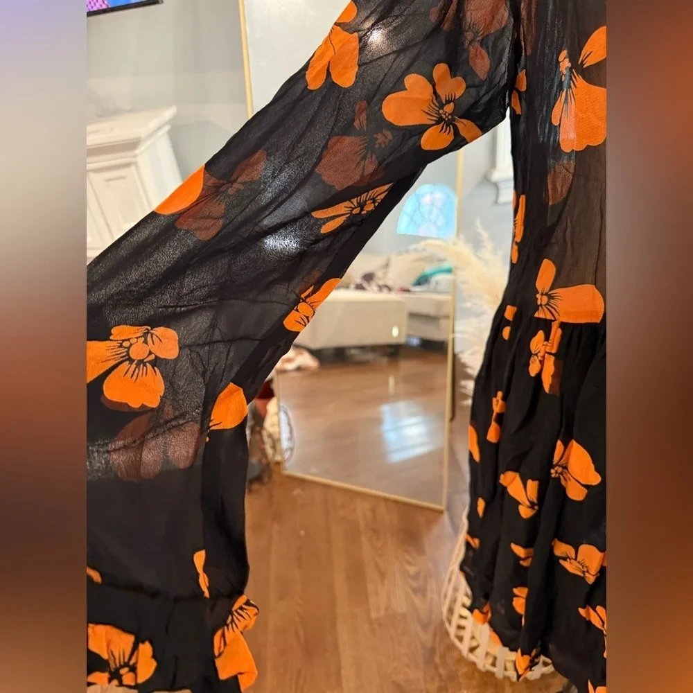 Ganni Black Sheer Dress with Orange Floral Design Lined on Bottom - Picture 9 of 15